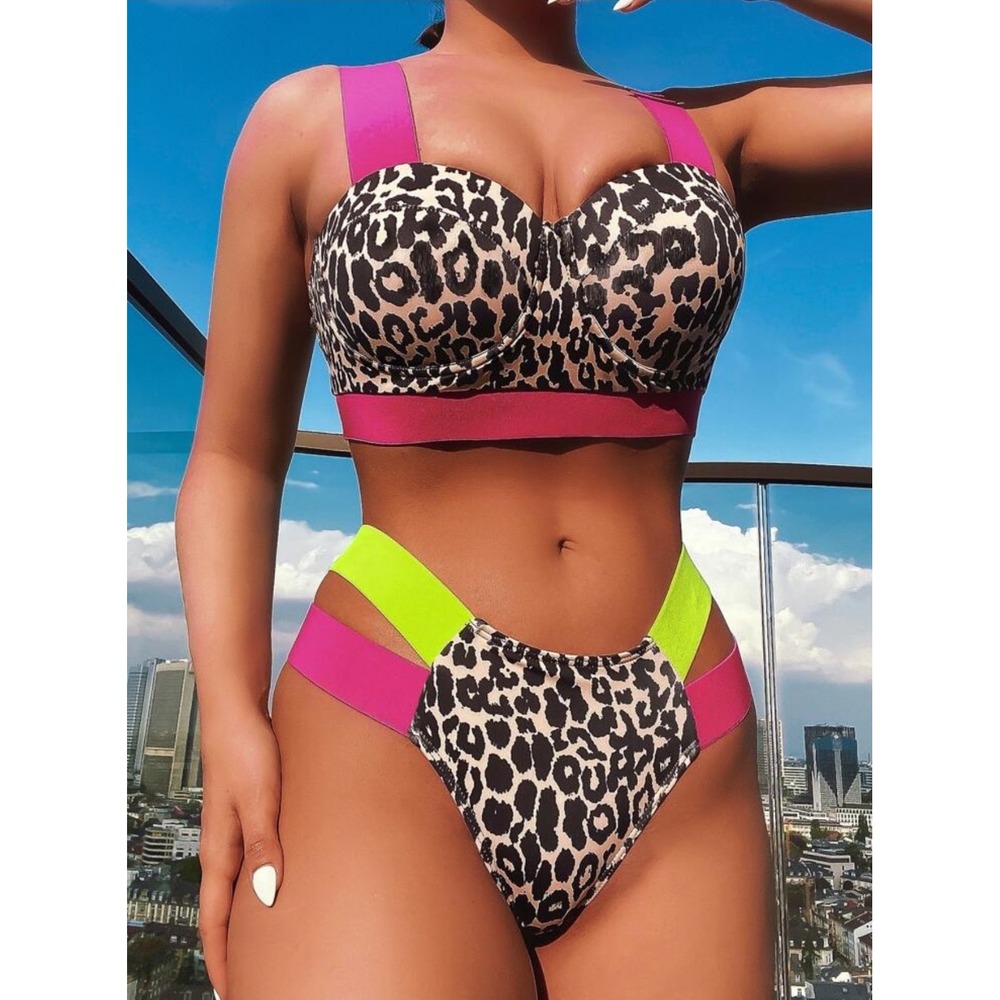 SHEIN Large Leopard Neon Pink Green Bandage Strap Push Up Underwire Bikini